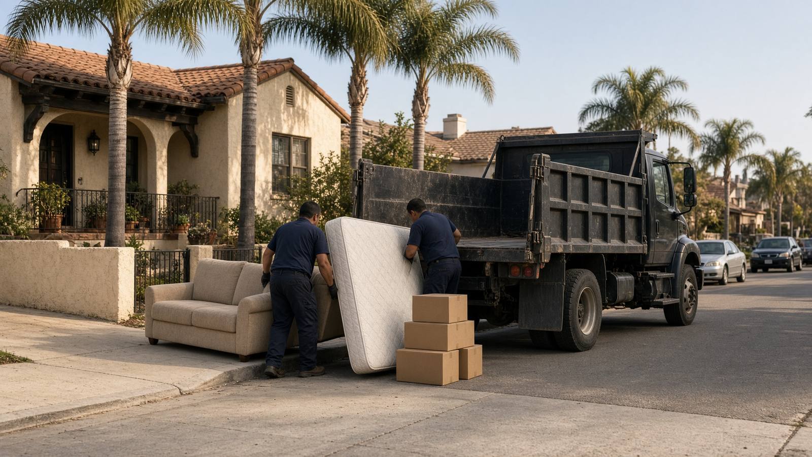 Fred's crew loading a sofa from a San Diego driveway into a dump truck