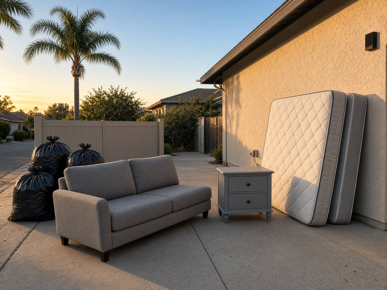 Sofa, mattress, and bags staged on a San Diego driveway for pickup